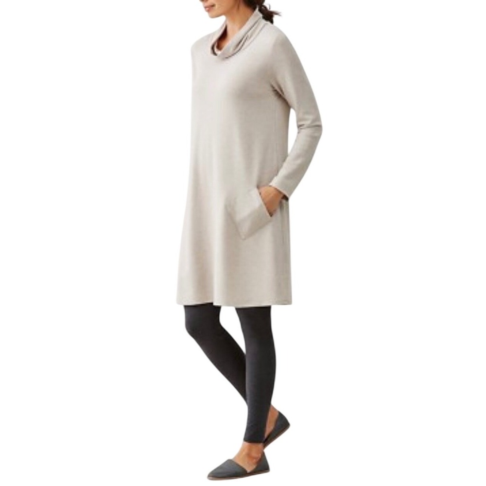 Pure Jill J. Jill Tunic Women L Oatmeal Cowl Neck Tunic Dress Pocket Tencel Soft